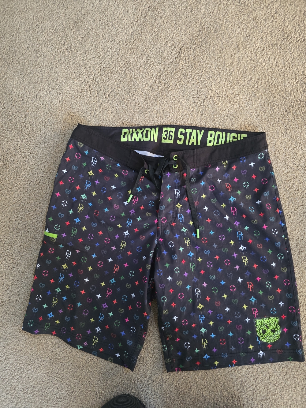 DIXXON Stay Bougie Black Men's Swim/Board Shorts with Neon Multicolor Print